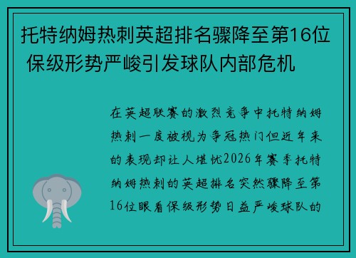 托特纳姆热刺英超排名骤降至第16位 保级形势严峻引发球队内部危机