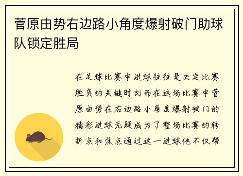 菅原由势右边路小角度爆射破门助球队锁定胜局
